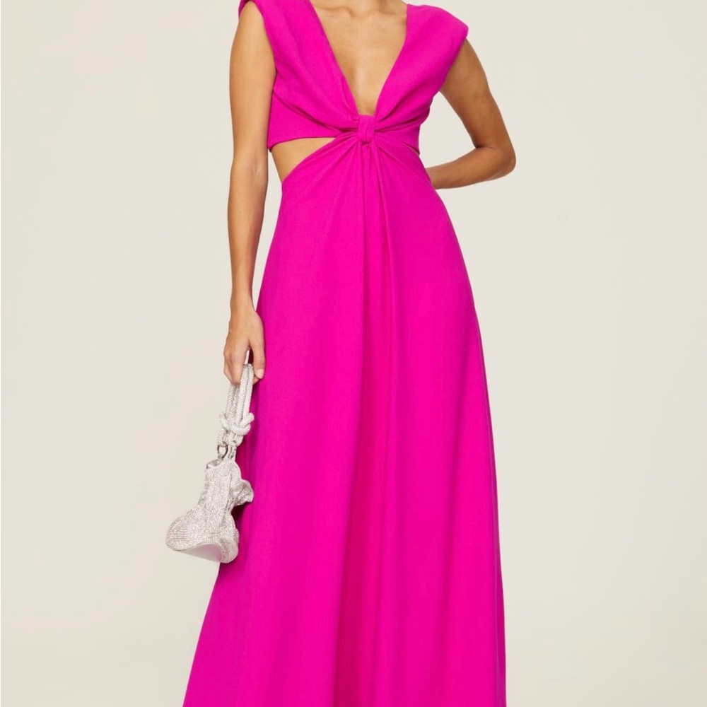Monique Lhuillier Pink Maxi Dress Plunge Neckline Sleeveless